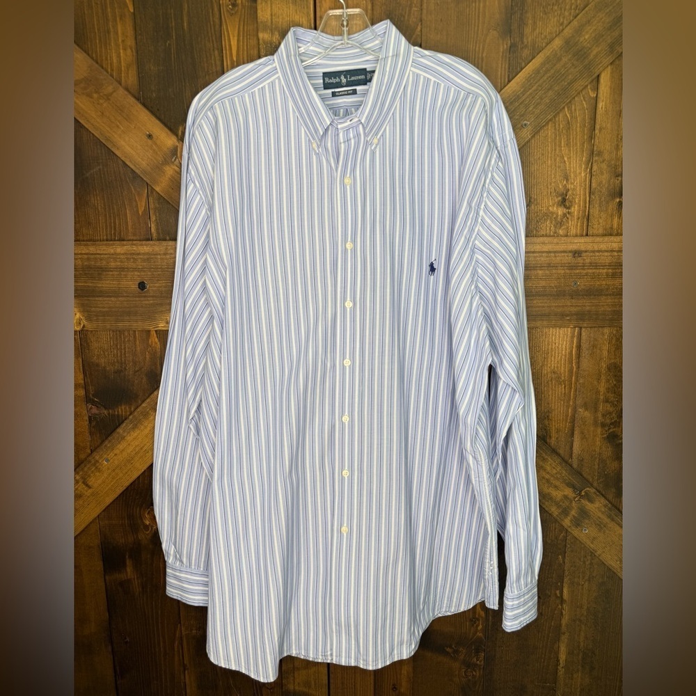 Ralph Lauren Dress Shirt Blue Stripe Button Embroidered 100% Cotton Oxford 2XLT